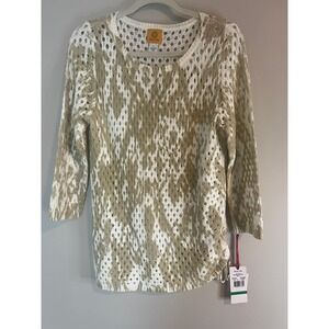Ruby Rd Womens Sand Ivory Ikat Open Knit Ruched Side Sweater NWT L
